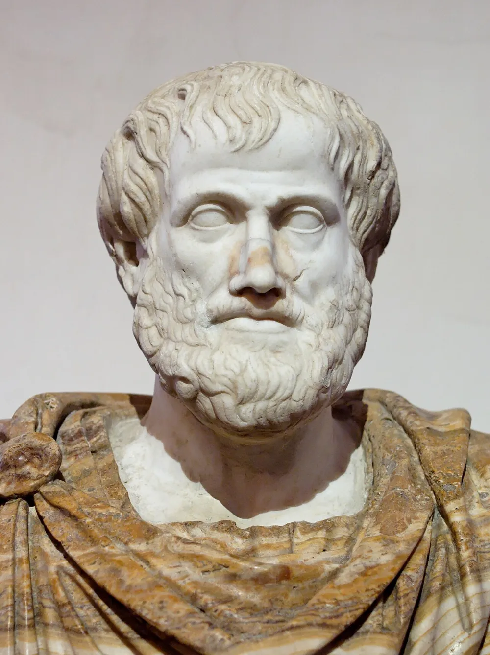 Aristoteles büstü; Lysippos'un MÖ 330 dolayındaki bronz orijinalinin Roma dönemi mermer kopyası (pelerin sonradan eklenmiştir). Palazzo Altemps, Roma Ulusal Müzesi.
