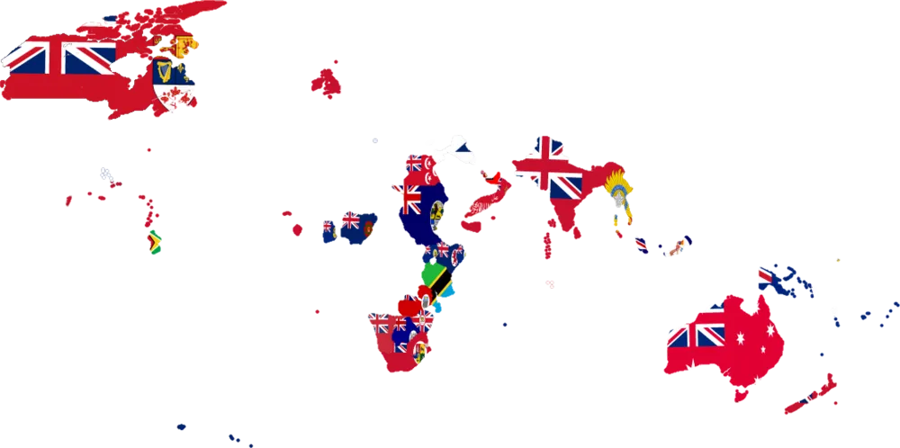 1921'de Britanya İmparatorluğu'nu oluşturan yönetimlerin bayraklarını harita üzerinde gösteren, kullanıcı tarafından hazırlanmış modern bir çizim. Dönemin bir belgesi değildir.