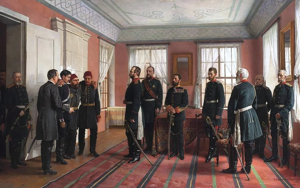 Esir düşen Gazi Osman Paşa, Plevne'nin teslim olduğu gün (29 Aralık 1877) Rus Çarı II. Aleksandr'a takdim edilirken.