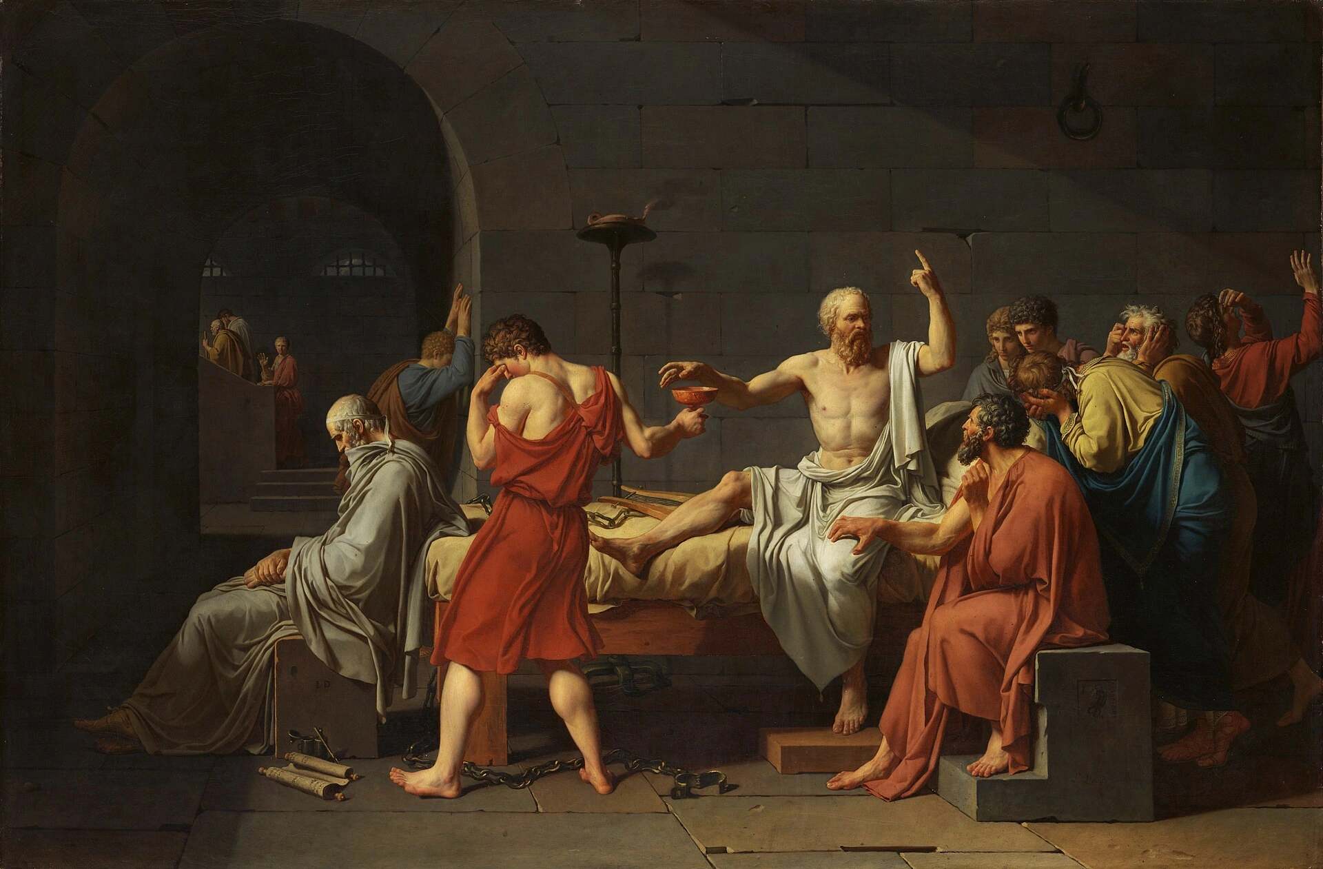Sokrates — Jacques-Louis David, Sokrates’in Ölümü, 1787. Antik olayı yüzyıllar sonra yorumlayan bir resimdir; olay anının belgesi değildir.