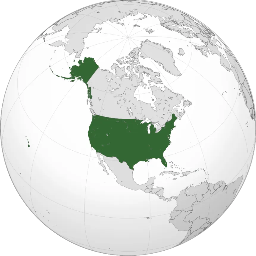 Amerika Birleşik Devletleri (Yükseliş) — A map of the hemisphere centred on -100, 45, using an orthographic projection, created using gringer's Perl script with Natural Earth Data
