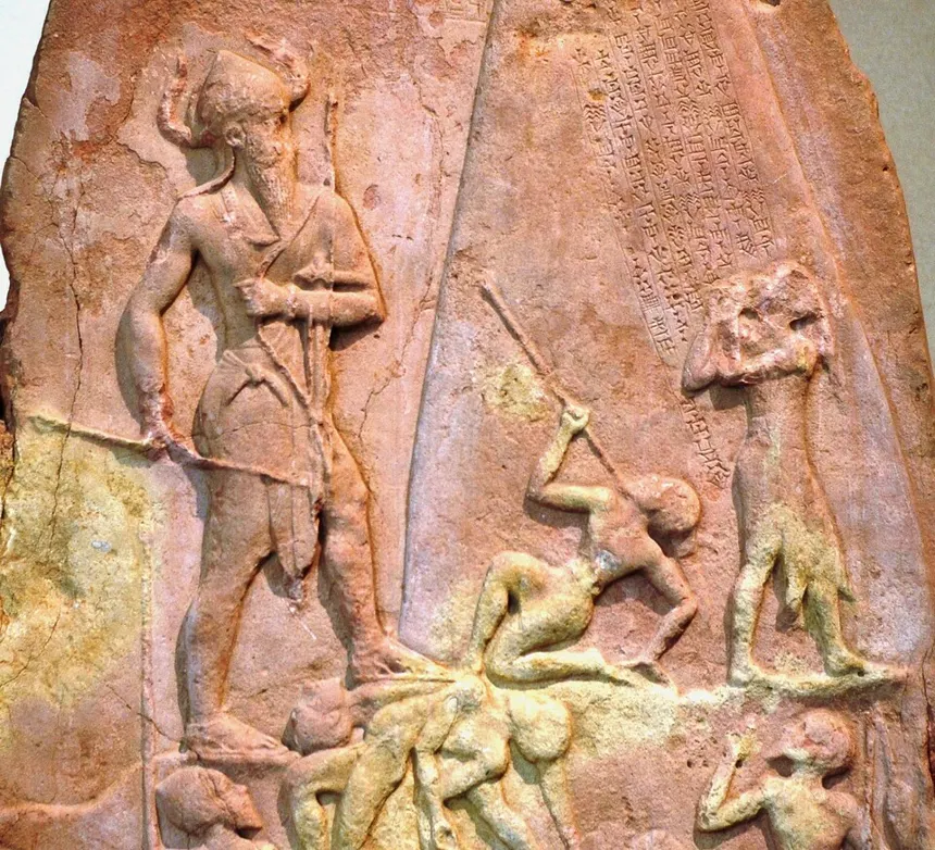 Akad İmparatorluğu — Stele of Narâm-Sîn, king of Akkad, celebrating his victory against the Lullubi from Zagros. Limestone, c. 2250 BCE. Brought from Sippar to Susa among other spo