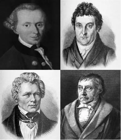 Alman İdealizmi — Juxtaposed portraits of the four principal German Idealists – Kant, Fichte, Schelling, and Hegel