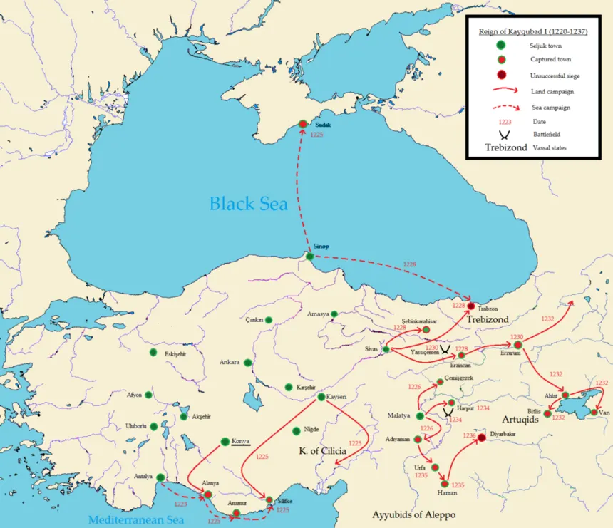 Anadolu Selçuklu Devleti — Map of the Seljuk Sultanate during the reign of Kayqubad I (1220-1237) showing the military campaigns, battles, captured towns, vassal states and sieges