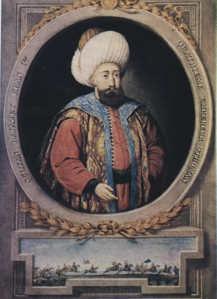Ankara Savaşı — Osmanlı padişahları dizisinden Yıldırım I. Bayezid'i betimleyen, 18. yüzyıl sonunda Avrupa'da basılmış bir gravür portre; alt kısımda küçük bir savaş sahnesi yer al