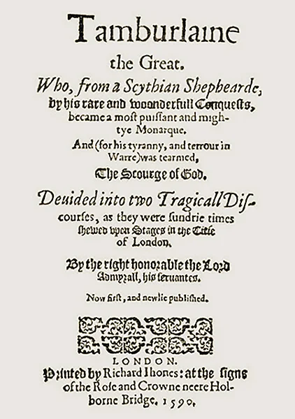 Ankara Savaşı — Christopher Marlowe'un "Tamburlaine the Great" oyununun 1590 tarihli ilk Londra baskısının kapak sayfası; Bayezid'in demir kafeste taşındığı efsanesini Avrupa hafız