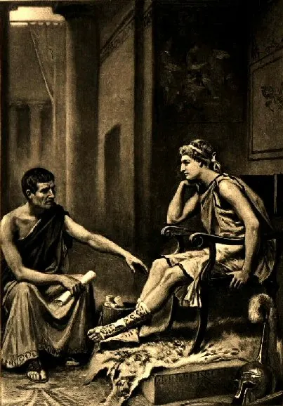 Aristoteles — Aristoteles'in genç İskender'e ders verdiğini betimleyen 1895 tarihli tablo.