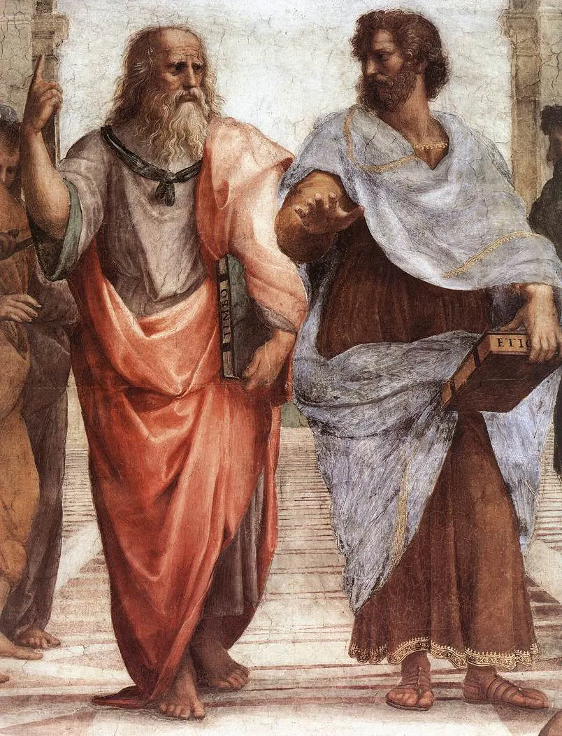 Aristoteles — Raphael'in "Atina Okulu" freskinden bir kesit: Platon (solda) ve elinde Nikomakhos'a Etik ile Aristoteles (sağda). Vatikan, Stanza della Segnatura.