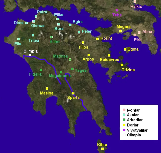 Antik Yunan Şehir Devletleri — Sparta'nın da içinde bulunduğu Peloponnesos (Mora) yarımadasının antik şehirleri.