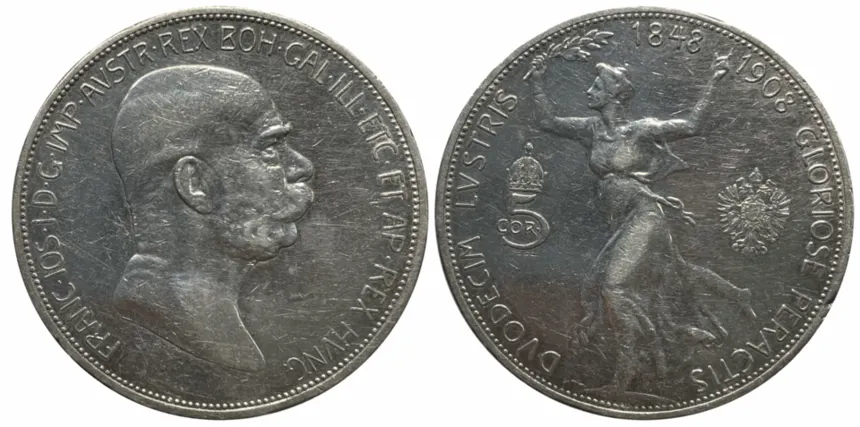Avusturya-Macaristan İmparatorluğu — 1908 tarihli 5 kron (corona) Franz Joseph madeni parası; görsel 2021'de Commons'a yüklenmiştir.