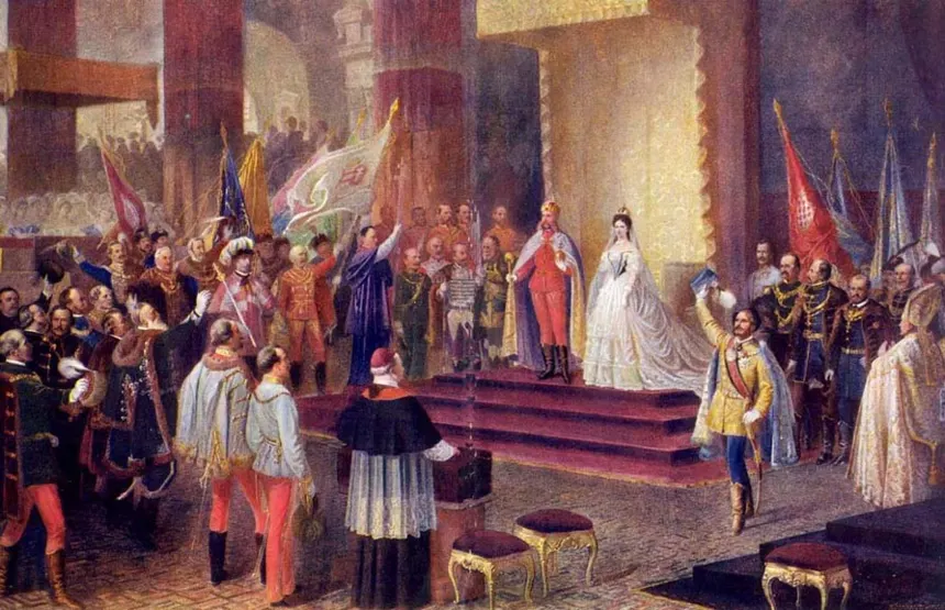 Avusturya-Macaristan İmparatorluğu — Franz Joseph ile Elisabeth'in 8 Haziran 1867'de Macaristan Kralı ve Kraliçesi olarak taç giymesini gösteren, Eduard Engerth'in resminin Ödön Tu