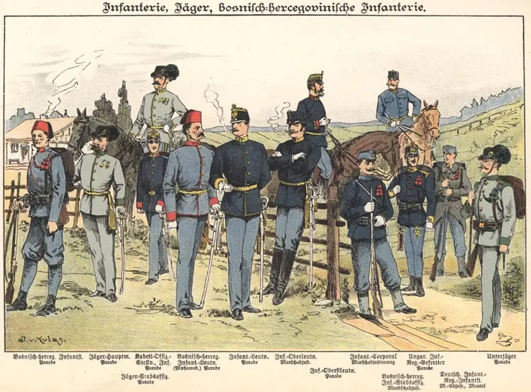 Avusturya-Macaristan İmparatorluğu — Bir k.u.k. Galiçya piyade birliğinin 1898 tarihli çizimi (Josef von Kulas).