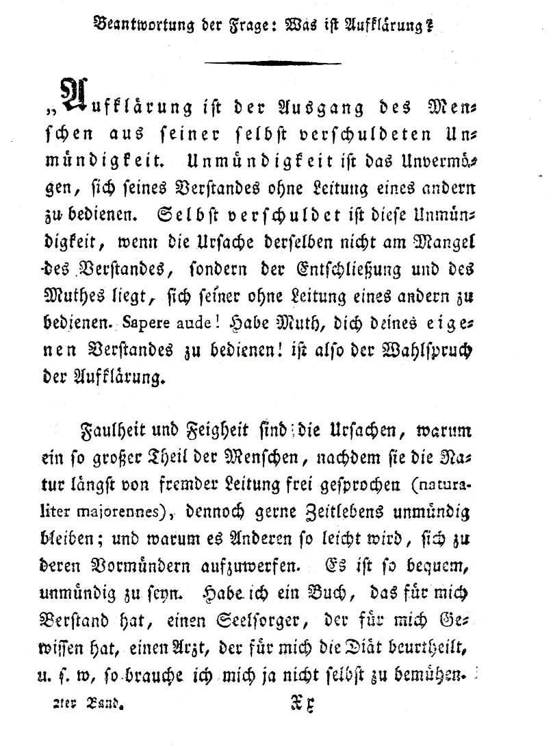 Aydınlanma Felsefesi — Immanuel Kant, Beantwortung der Frage: Was ist Aufklärung. Beginn des Traktats. (EA 1784). (Immanuel Kants vermischte Schriften; Hrsg.: Johann Heinrich Tieft