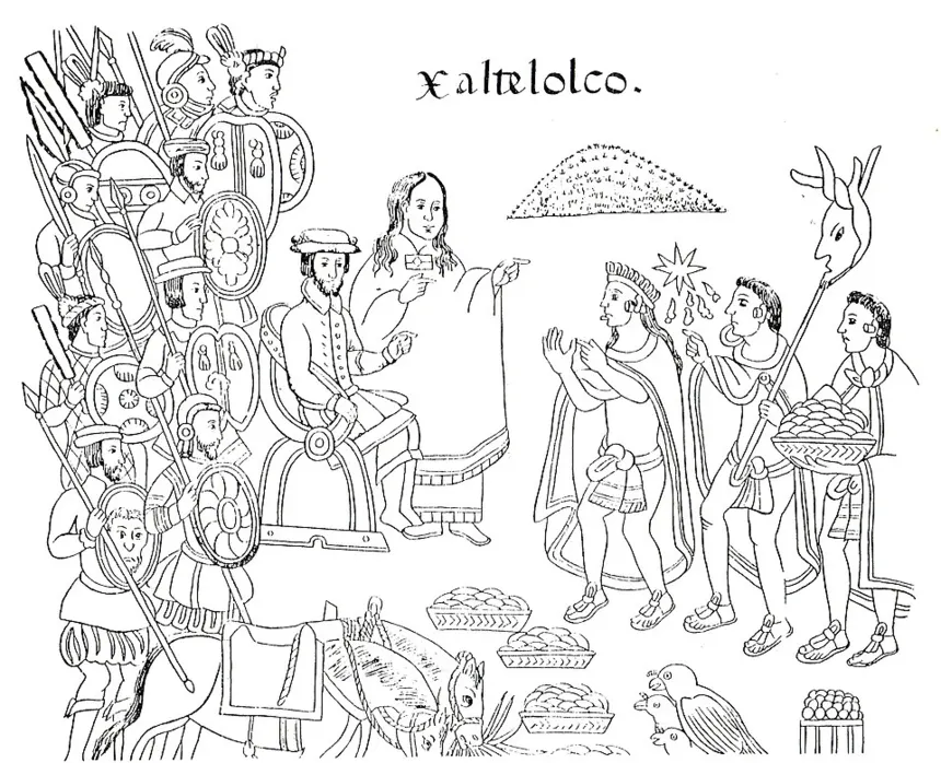 Aztek İmparatorluğu — Tlaxcala anlatısında Malinche’nin betimlenişi; fetih dönemi bağlamında bir tasvir.