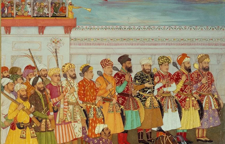 Babür İmparatorluğu — Padşahname’den Şah Cihan’ın 8 Mart 1628 tarihli tahta çıkış törenlerini betimleyen sahnenin bir bölümü.