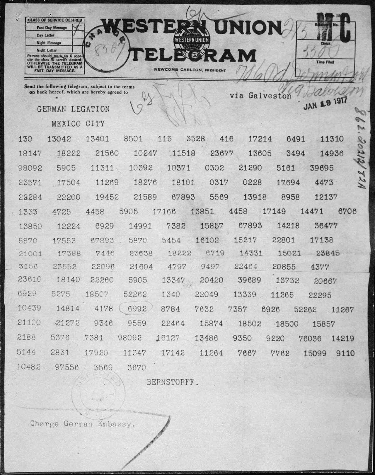 I. Dünya Savaşı — Zimmermann Telgrafı'nın Meksika'daki Alman büyükelçisine ulaşan orijinal şifreli metni, 19 Ocak 1917 (ABD Ulusal Arşivleri).