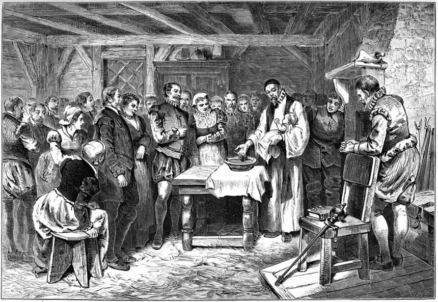 Britanya İmparatorluğu — Virginia Dare'in vaftizini gösteren, 1876 tarihli bir çizim (William A. Crafts'ın 1876 tarihli kitabından). Olaydan yüzyıllar sonra yapılmış bir tasvirdir;