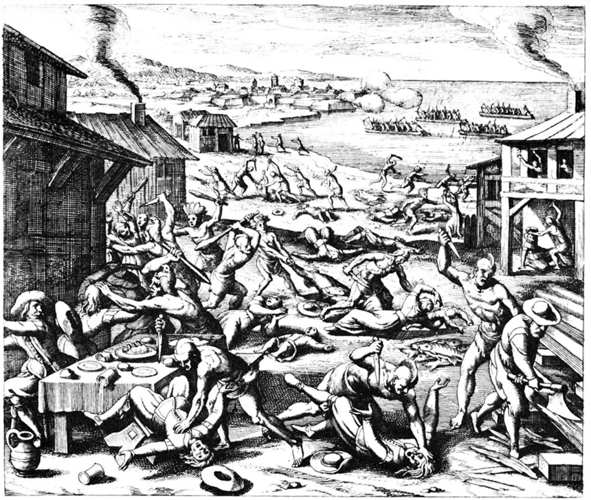 Britanya İmparatorluğu — Matthäus Merian'ın 1628 tarihli gravürü: Powhatan Yerlilerinin 22 Mart 1622'de Jamestown ve çevre yerleşimlere saldırısı. Merian, Theodore de Bry'nin daha