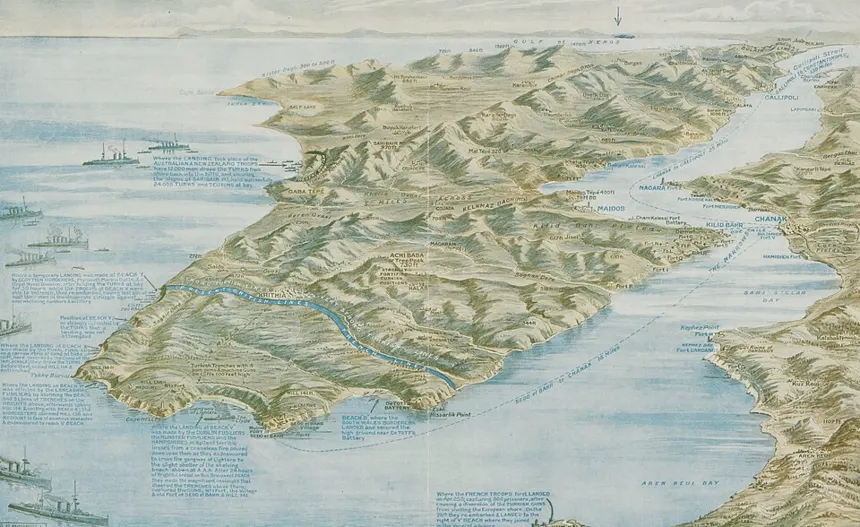 Çanakkale Savaşı — A pictorial bird's eye view of Gallipoli peninsula and west coast of Turkey to the Hellespont, depicting major topographical features with heights and distances;
