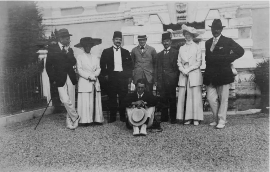 Winston Churchill — Winston Churchill between Talaat Bey and Cavid Bey (both wearing fezzes) during Churchill's private stay in Istanbul in July 1910 (Churchill Archives Centre, Br
