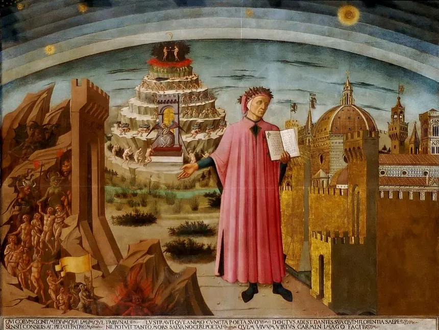 Dante Alighieri — Dante Alighieri hält sein Epos die Göttliche Komödie vorzeigend in der linken Hand. Mit der rechten Hand weist er auf eine Prozession von Sündern zur Hölle, hinte