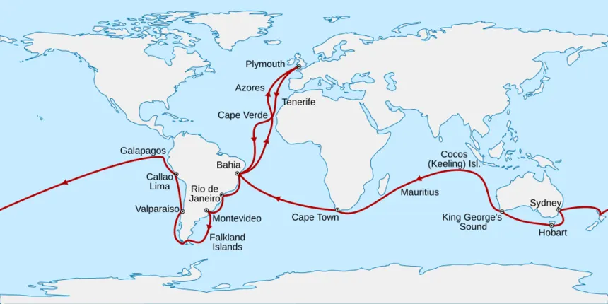 Charles Darwin — Map of the Voyage of the Beagle, a circumnavigation travel with Charles Darwin.