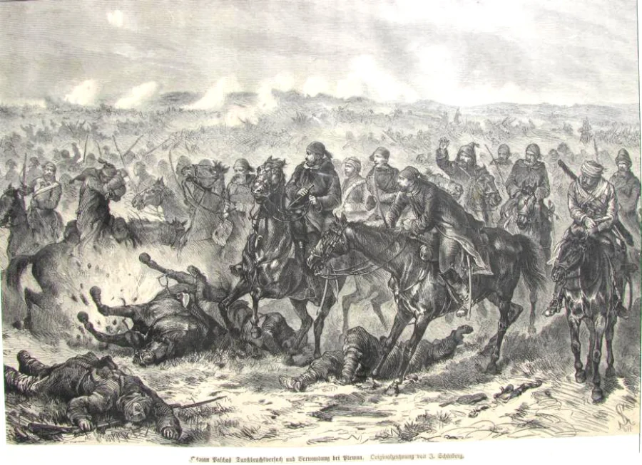 93 Harbi (1877-78 Osmanlı-Rus Savaşı) — Osman Paşa'nın Plevne'den yarma girişimi sırasında yaralanması, dönemin Alman basınından bir gravür.
