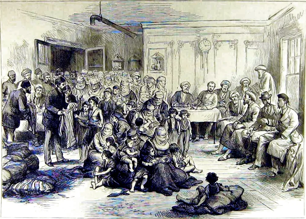 93 Harbi (1877-78 Osmanlı-Rus Savaşı) — Şumnu'da (bugünkü Şumen) Türk muhacirlere giysi dağıtımı -savaşın sivil nüfus üzerindeki yıkıcı etkisinin dönemin İngiliz basınına yansıması