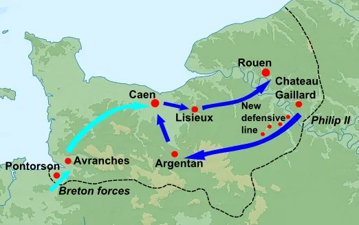 Fransa Krallığı — II. Philip'in 1204'teki Normandiya seferini gösteren harita; Rouen'in düşüşü ve Chateau Gaillard kuşatmasıyla sonuçlanan kampanya, krallığı topraksal olarak büyük