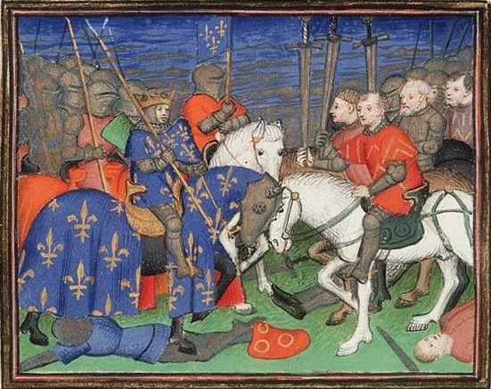 Fransa Krallığı — II. Philip'in 1214'teki Bouvines zaferini betimleyen minyatür; Vincent de Beauvais'in 'Miroir Historial' adlı eserinden. Koninklijke Bibliotheek, Lahey.
