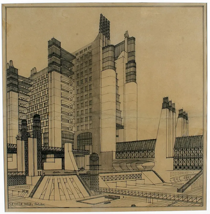 Fütürizm — Antonio Sant'Elia'nın "La Città Nuova" (Yeni Kent) serisinden bir fütürist mimari tasarımı.