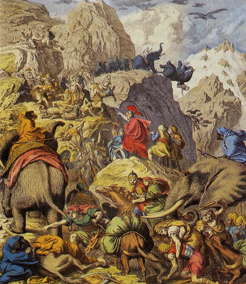 Hannibal Barka — Hannibal'in ordusuyla ve fillerle Alpleri aşışı, Heinrich Leutemann.