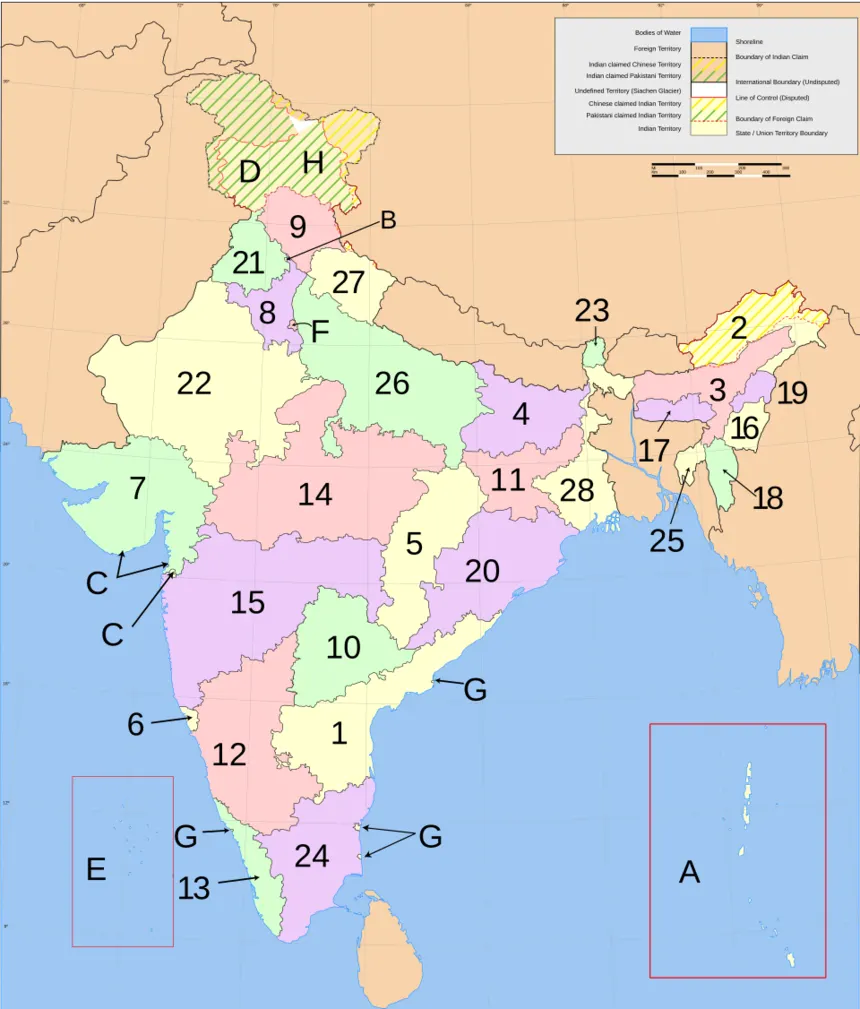 Hindistan Cumhuriyeti — States of India, numbered.