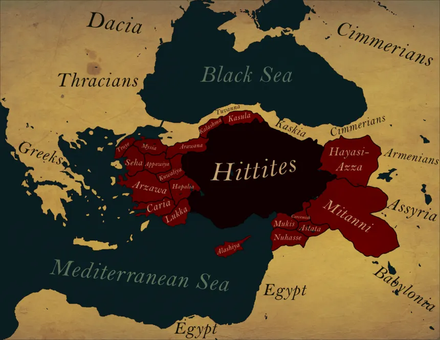 Hitit İmparatorluğu — I. Şuppiluliuma dönemi Hitit İmparatorluğu ve komşu devletler haritası.