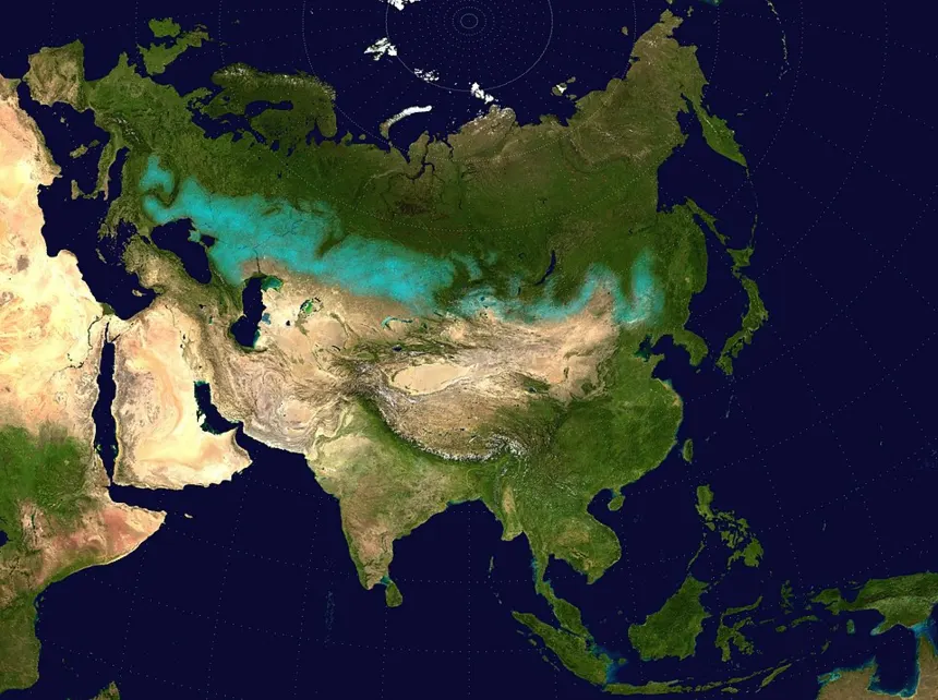 Avrupa Hun İmparatorluğu — Avrasya bozkır kuşağının yaklaşık kapsamını gösteren modern harita; Hunların yaşadığı ve dolaştığı coğrafyayı anlamak için genel bir çerçeve sunar.