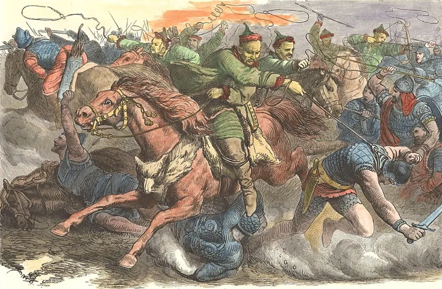 Avrupa Hun İmparatorluğu — Hunların Alanlarla savaşını gösteren, yaklaşık 1873 tarihli bir gravür (Johann Nepomuk Geiger'in bir çiziminden). Sonradan yapılmış bir tasvirdir; dönemi
