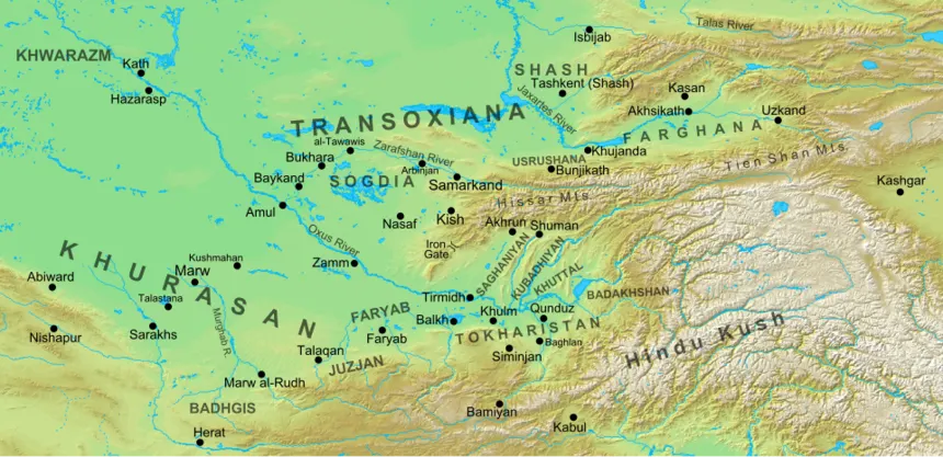 İbn Sina (Avicenna) — Map of the region and principal localities of Transoxiana in the 8th century —. Geophysical map taken from DEMIS Mapserver, which are public domain, other wis