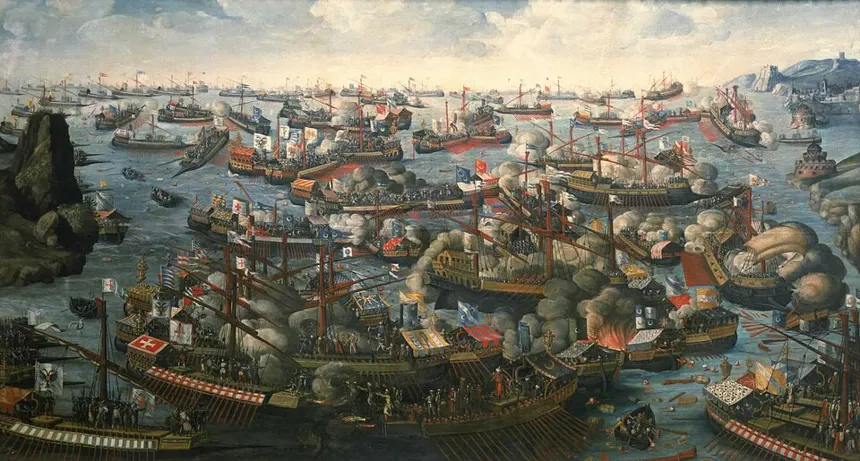 İspanyol İmparatorluğu — The Battle of Lepanto from 7 October 1571, a naval engagement between allied Christian forces and the Ottoman Turks. The painting is near-contemporary, but