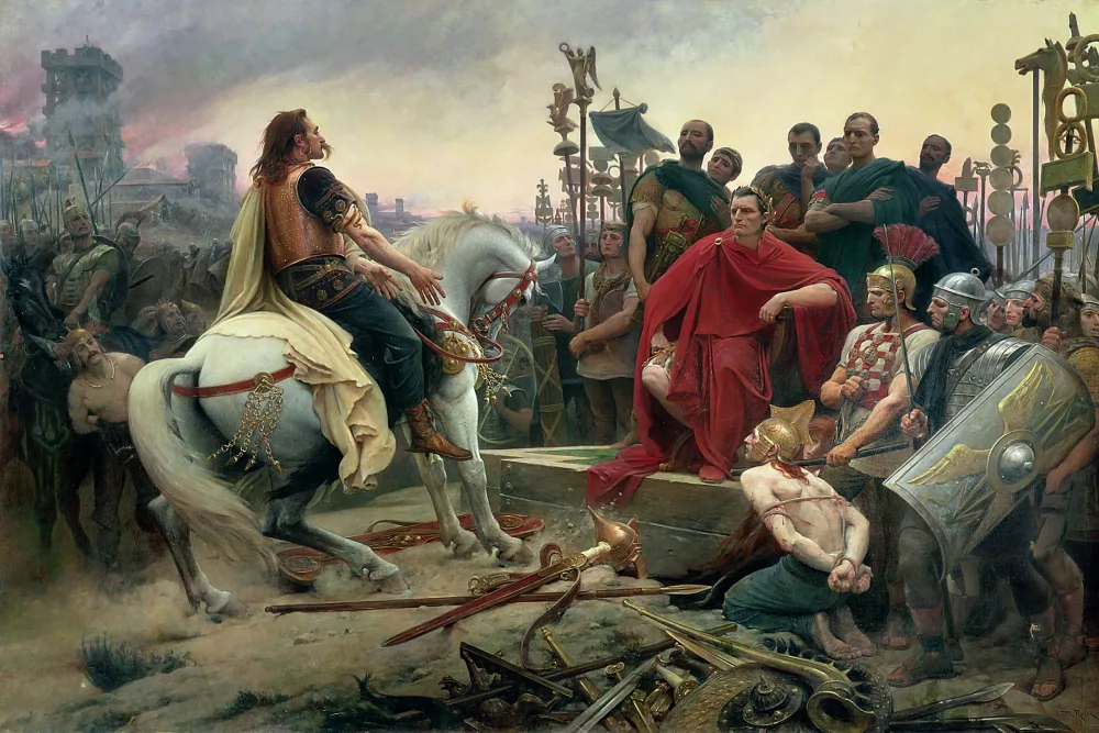 Jül Sezar — Lionel Royer'in 1899 tarihli tablosu: Vercingetorix, Alesia kuşatması sonrası silahlarını Sezar'ın ayaklarının dibine bırakıyor. Sahne, dönemin tarihsel hayal gücüyle 1