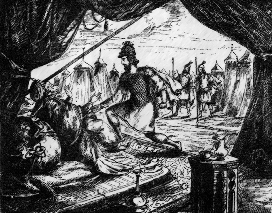 I. Kosova Savaşı — Miloš Obilić'in Sultan I. Murad'ı çadırında hançerleyişini betimleyen 19. yüzyıl Sırp gravürü; suikastçının kimliği tarihsel olarak doğrulanamasa da olayın kendi
