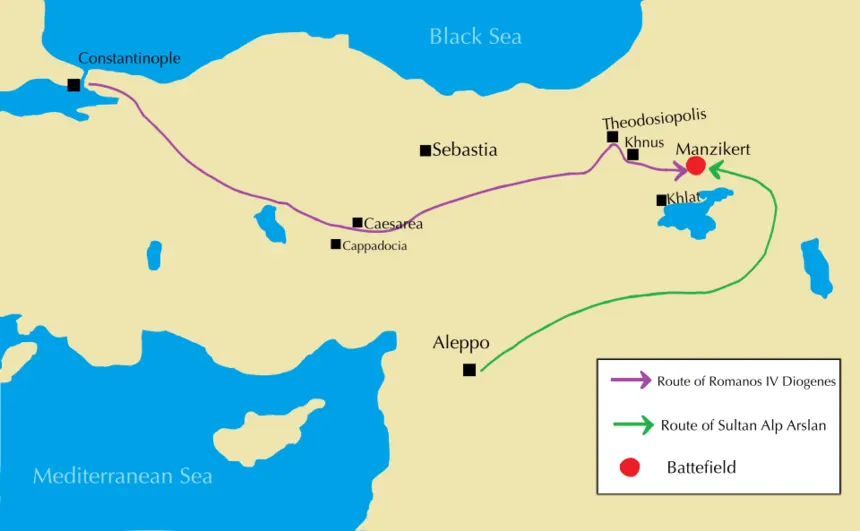 Malazgirt Savaşı — Map of the campaign of Malazkirt/Manzikert between Seljuks and Byzantines in 1071. It has been restored by me.