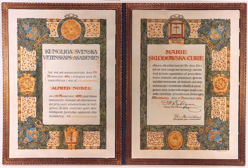 Marie Curie — Marie Curie'nin 1911 Nobel Kimya Ödülü diploması -ikinci Nobel'i.