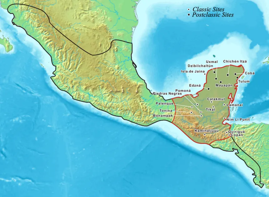 Maya Şehir Devletleri — Map showing the extent of the Maya civilization (red), compared to all other Mesoamerica cultures (black). Within Central America and southern North America