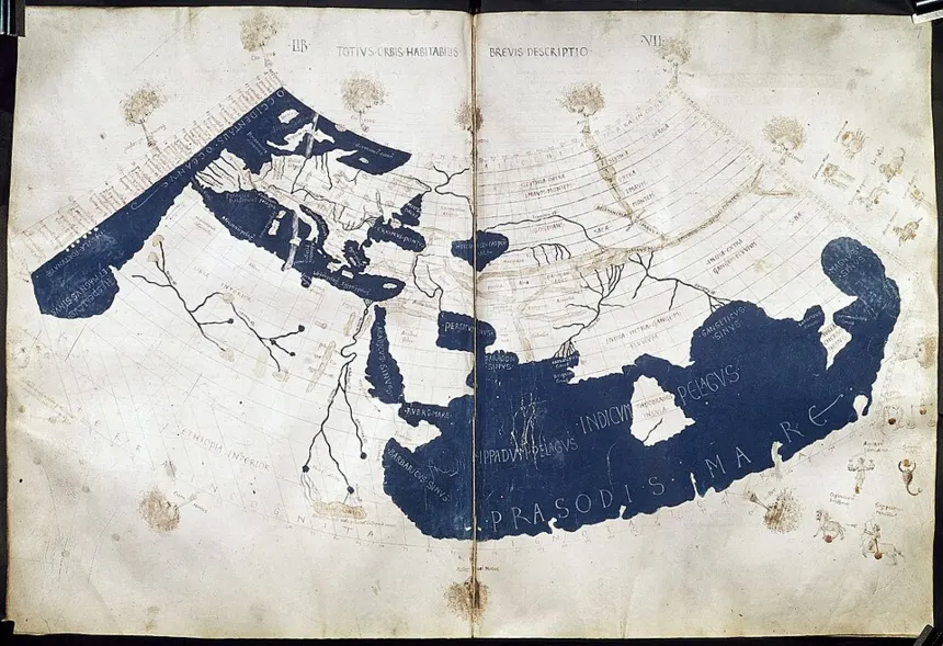 Mekke — A mid-15th century Florentine map of the world based on Jacobus Angelus's 1406 Latin translation of Maximus Planudes's late-13th century rediscovered Greek manuscripts of P