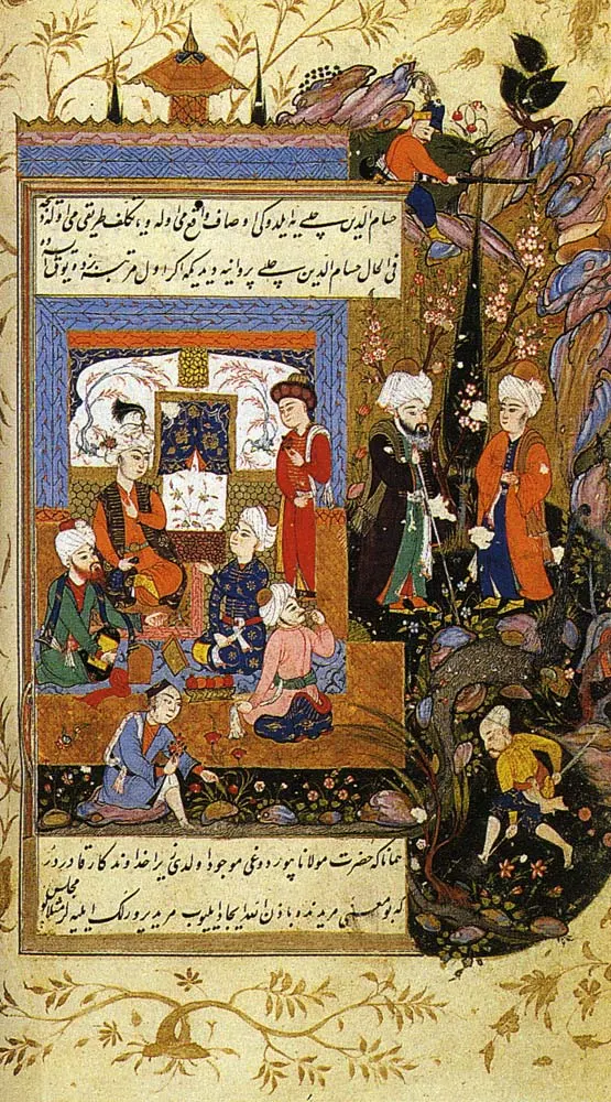 Mevlana Celaleddin Rumi — Jalal al-Din Rumi, Founder of the Order of the Whirling Cerviches, Showing His Love for His Young Disciple Hussam al-Din Chelebi" c. 1594 Extract from "Ta