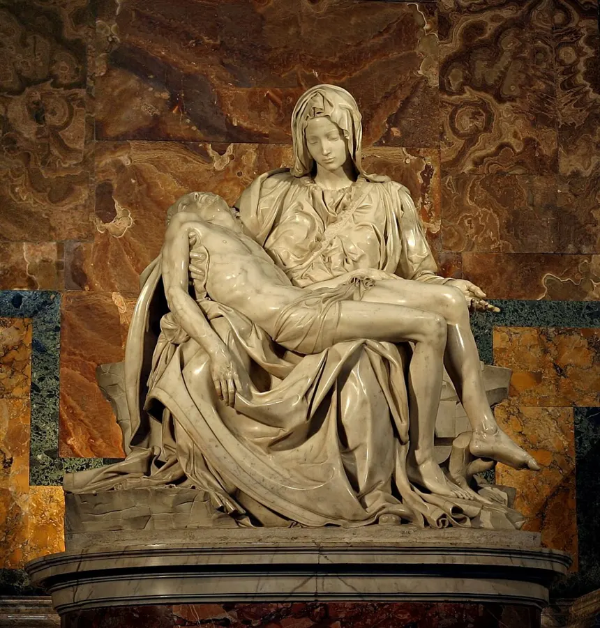 Mikelanjelo Buonarroti — “Pietà” (1498–1499), Aziz Petrus Bazilikası, Vatikan. Mermer heykel, Meryem'in İsa'nın cansız bedenini kucakladığı sahneyi gösterir. Michelangelo'nun imzal