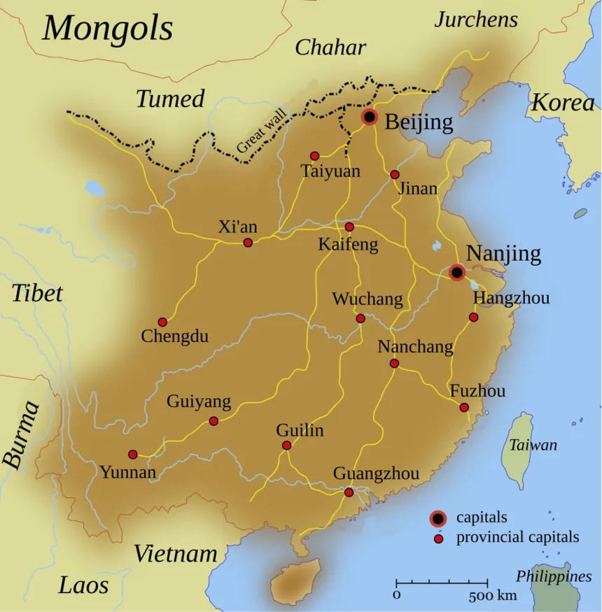 Ming Hanedanı — Ming İmparatorluğu'nun yaklaşık 1580'deki sınırları.