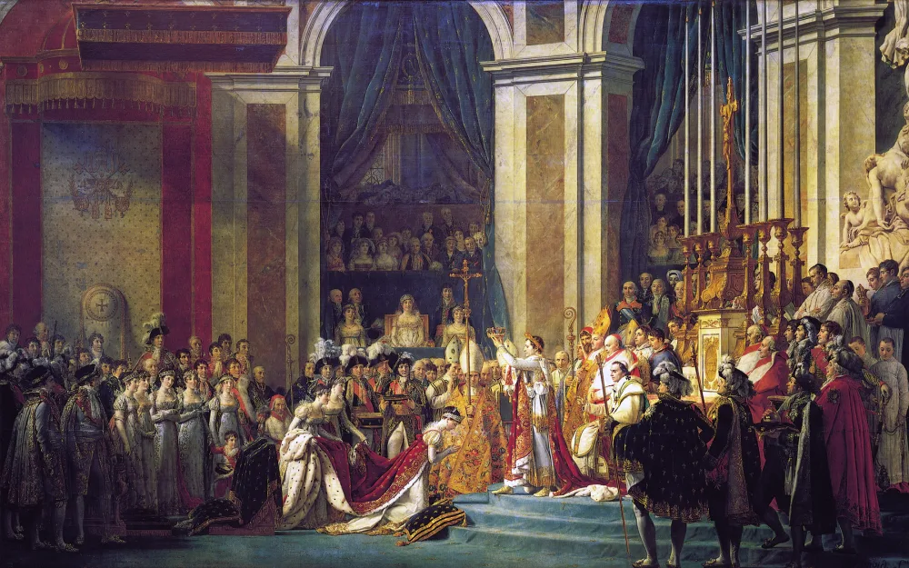 Napolyon Bonapart — Napolyon'un 2 Aralık 1804'teki taç giyme törenini betimleyen dev tablo; Napolyon kendi kendini taçlandırırken Papa VII. Pius sahnenin kenarında edilgen biçimde