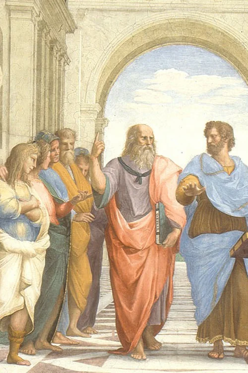 Platon — Raphael'in 'Atina Okulu' freskinden bir kesit: Platon (solda, Timaios'u elinde tutarak göğü işaret ediyor) ve Aristoteles (sağda). Vatikan, Stanza della Segnatura.