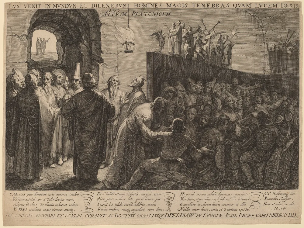 Platon — 'Antrum Platonicum' (Platon'un Mağarası) başlıklı 1604 tarihli gravür; mağara benzetmesinin erken dönem bir Batı sanatı yorumu. National Gallery of Art, Washington.